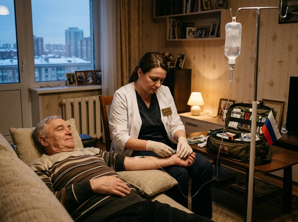 Врач-нарколог устанавливает капельницу пациенту на дому в Екатеринбурге, медицинская сумка на фоне, атмосфера профессиональной заботы, приглушённый свет квартиры